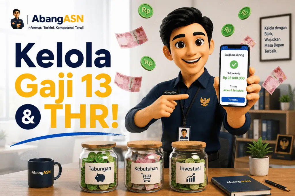 Ilustrasi 3D seorang ASN pria tersenyum bahagia melihat saldo rekening di smartphone dengan visualisasi stoples pembagian keuangan di mejanya